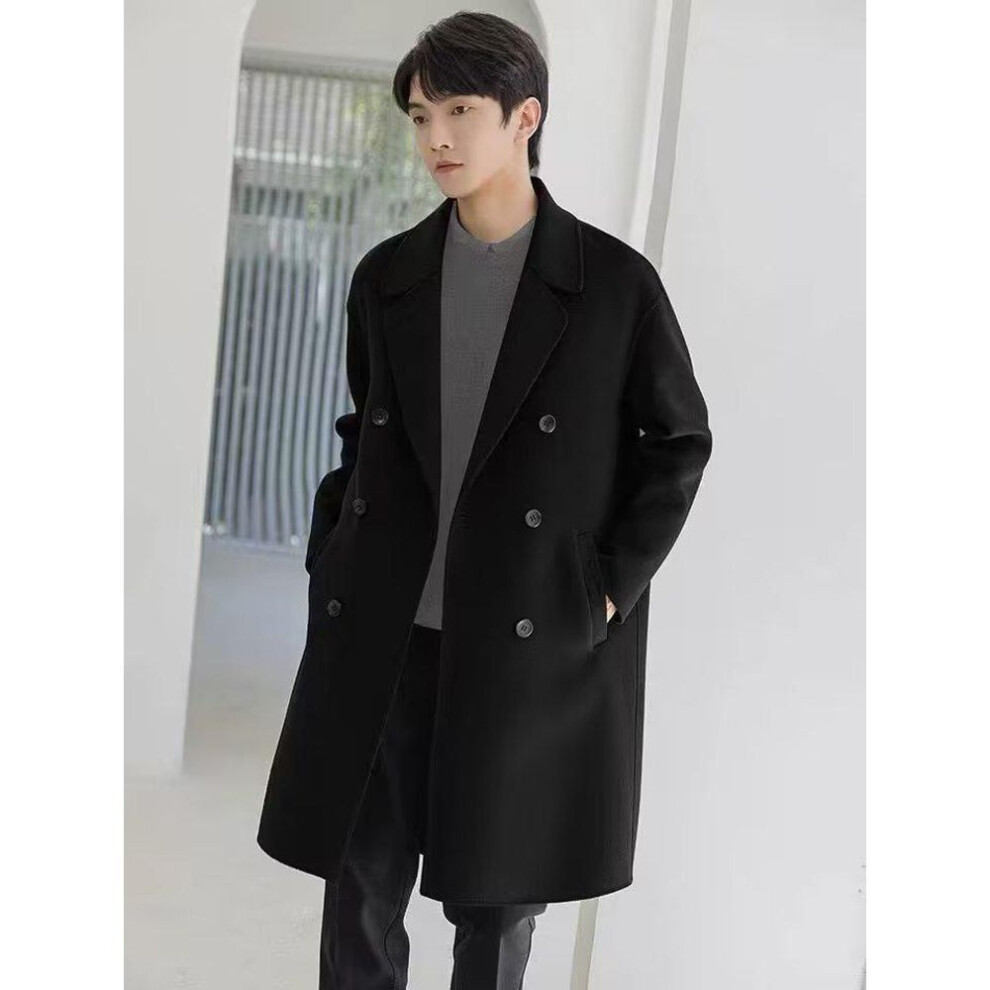 (black, XXL) Men's Mid-Length Double-Breasted Wool Coat, Winter 2022 Korean Style, Loose Fit Trend