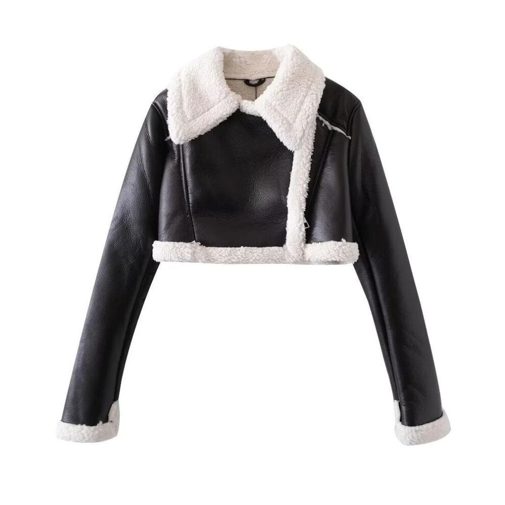 (dark brown, Medium) "2023 Black Leather And White Fur Short Motorcycle Jacket - Autumn/winter Street Style