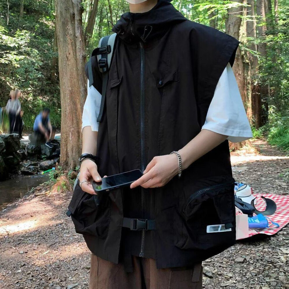 (black, XL) "summer Lightweight Unisex Hooded Vest - Hong Kong Style, Japanese-inspired, Loose Fit