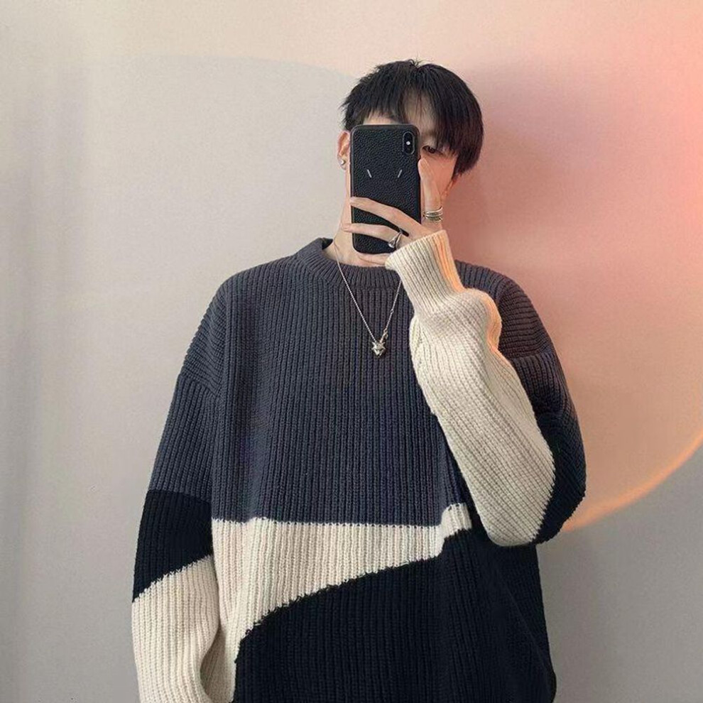 (black, M) Men's Trendy Winter Knit Sweater, Loose Fit, Korean Style, Round Neck, Thickened for Male Students
