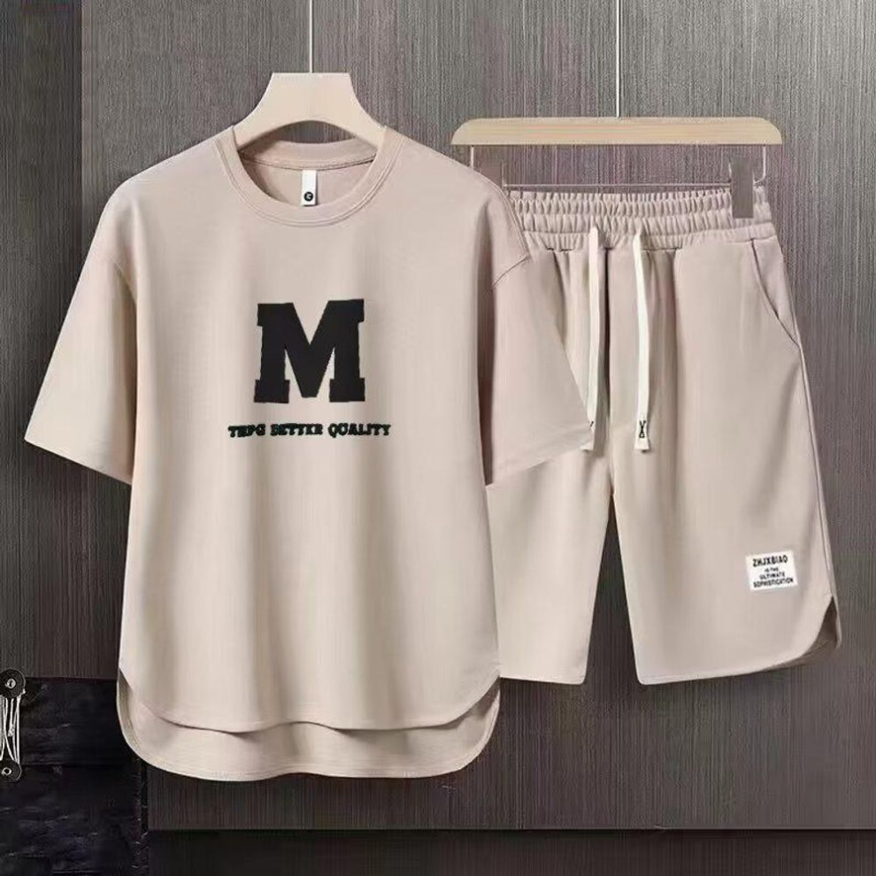 (apricot, 2XL) "2023 Men's Trendy Casual Summer Two-Piece Suit: Loose Short-Sleeved Shirt & Shorts for Teens and Students