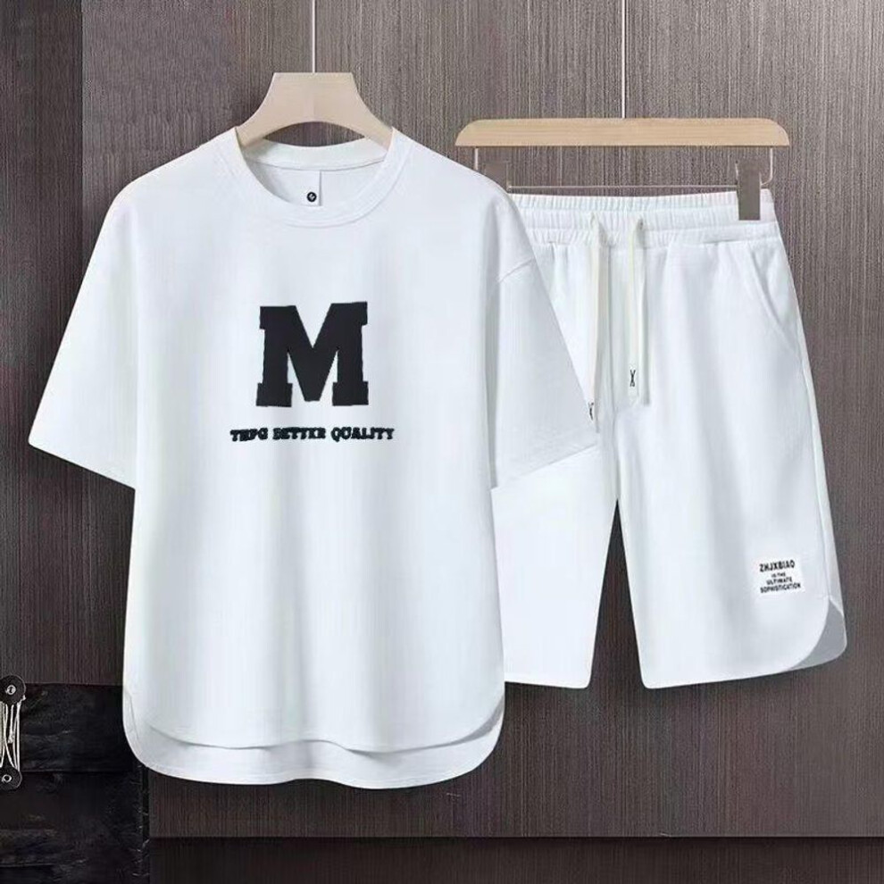 (white, 2XL) "2023 Men's Trendy Casual Summer Two-Piece Suit: Loose Short-Sleeved Shirt & Shorts for Teens and Students