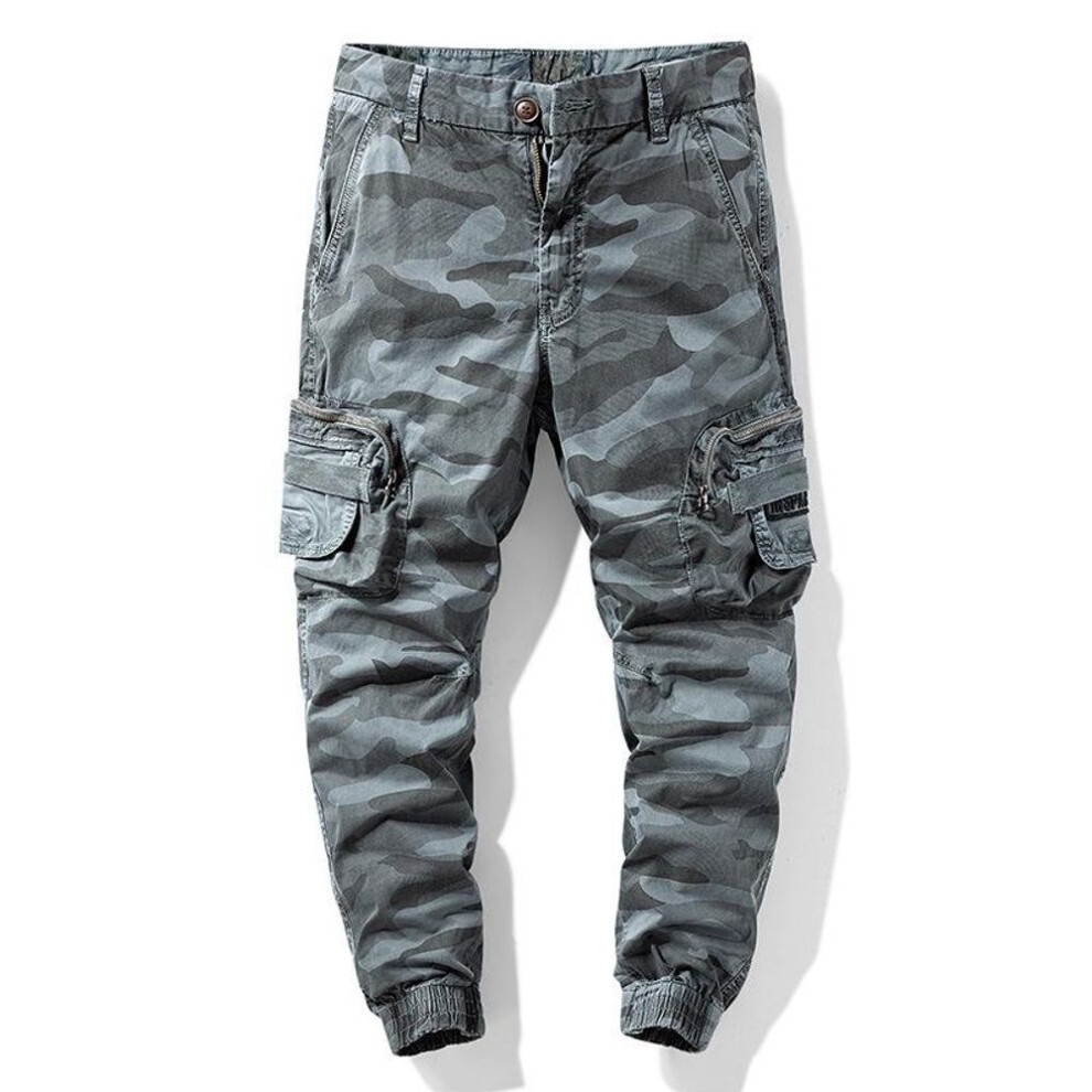 (gray, 32) Men's Fashionable Camouflage Retro Multi-pocket Cuff Overalls