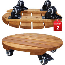 Idzo 2-pack 14 inch acaciahout rollende ronde plantencaddy voor plantenpotten Heavy Duty plantenstandaard met 360 afsluitbare wielen 264 lbs capacite