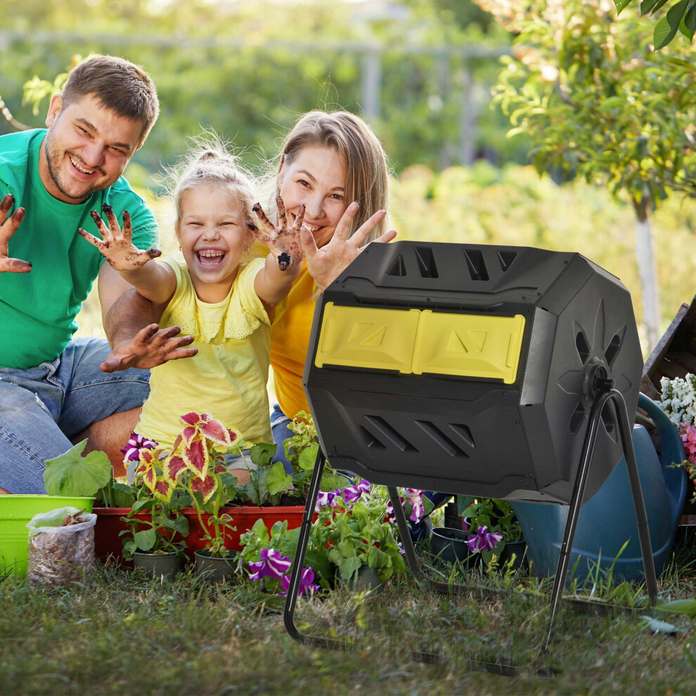 Outsunny 160L Outdoor Tumbling Compost Bin With Dual Chamber, Yellow