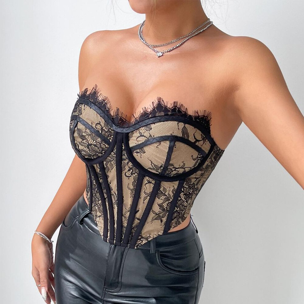 (black, Extra Small) "cross-border Hot Sale: Sexy Irregular Steel Ring Tube Top With Fishbone Lace, Slim Backless Design, Button-down Outerwear 1429