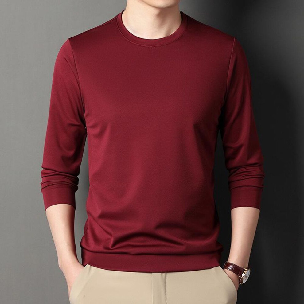 (red, 3XL) Men's Solid Color Long-Sleeve Casual Round-Neck T-Shirt
