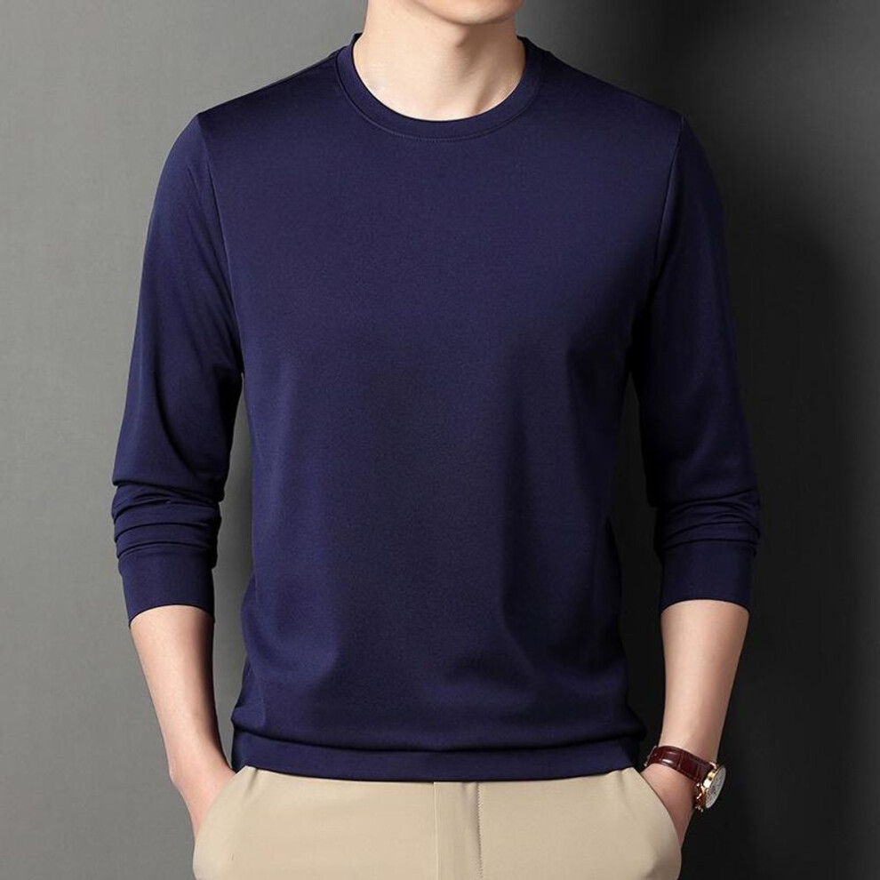 (navy blue, XXL) Men's Solid Color Long-Sleeve Casual Round-Neck T-Shirt