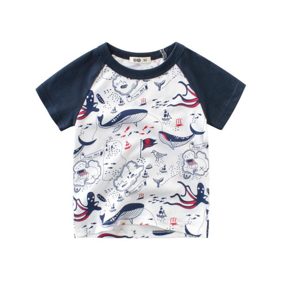 (off-white,royal blue, 90 cm) Boys' Trendy Summer Korean Style Short-Sleeved T-Shirts for Kids