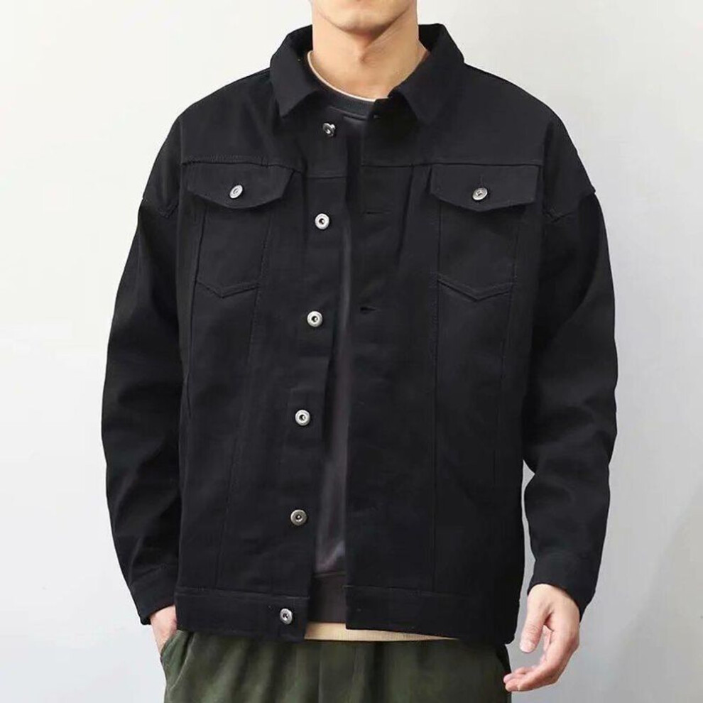 (black, 4XL) Men's Korean Style Loose Fit Denim Jacket - Retro Solid Color Workwear for Spring and Autumn