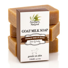 Southern Natural Goat Milk -saippuapala - 3 kpl kaurahiutaleita, maitoa ja hunajaa - kuivalle ja herk   lle iholle. Luonnollinen k   sintehty saippua