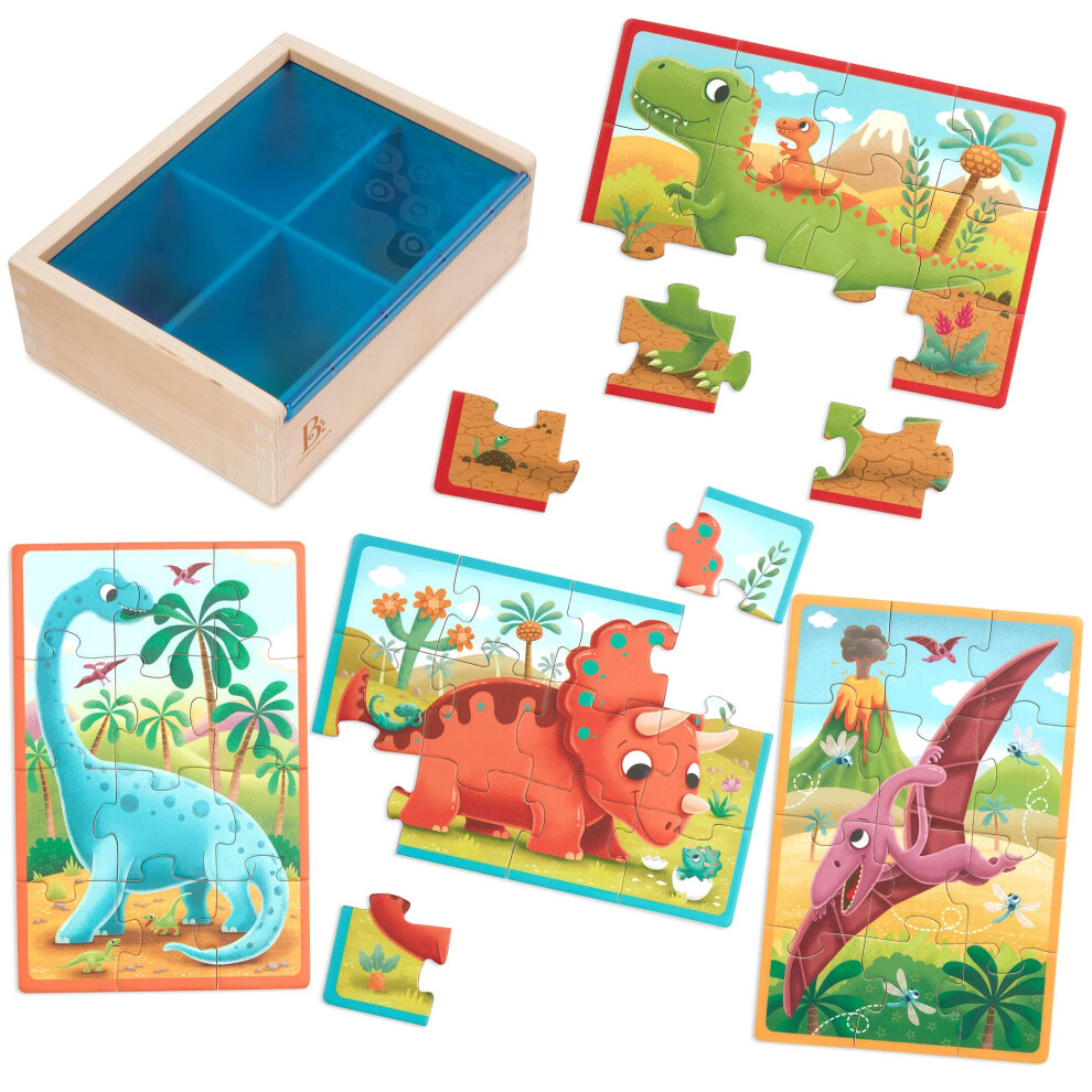 B. Toys- Pack O' Puzzles - Dinosaurs- Wooden Puzzle Set - 4 Dinosaur Puzzles - Classic Prehistoric Puzzle - 12-Piece Jigsaw Puzzles For Kids