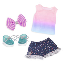 Glitter Girls - 14-inch Poppenkleding - 4-delige Sterrenoutfit - Kleurrijke Top & Stippelbroek - Glimmende Schoenen & Haarstrik - 3 Jaar +