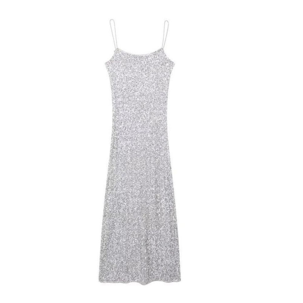 (silver, XS) "Elegant Sequin Suspender Dress with High Waist A-line Skirt