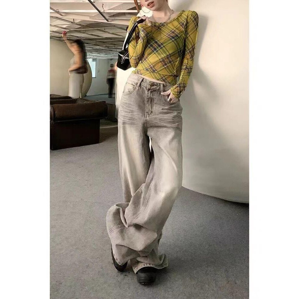 (light grey, Extra Large) "Women's Retro High-Waist Light Grey Wide-Leg Jeans for Spring/Summer