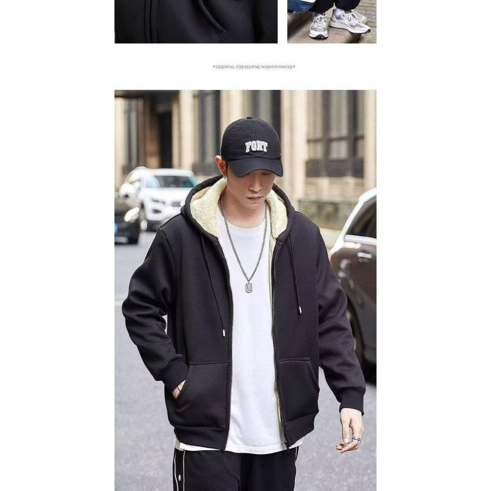 (black, L) Men's Winter Lambswool Hooded Cardigan - Cotton Plush Jacket, Solid Color, Korean Fashion Brand