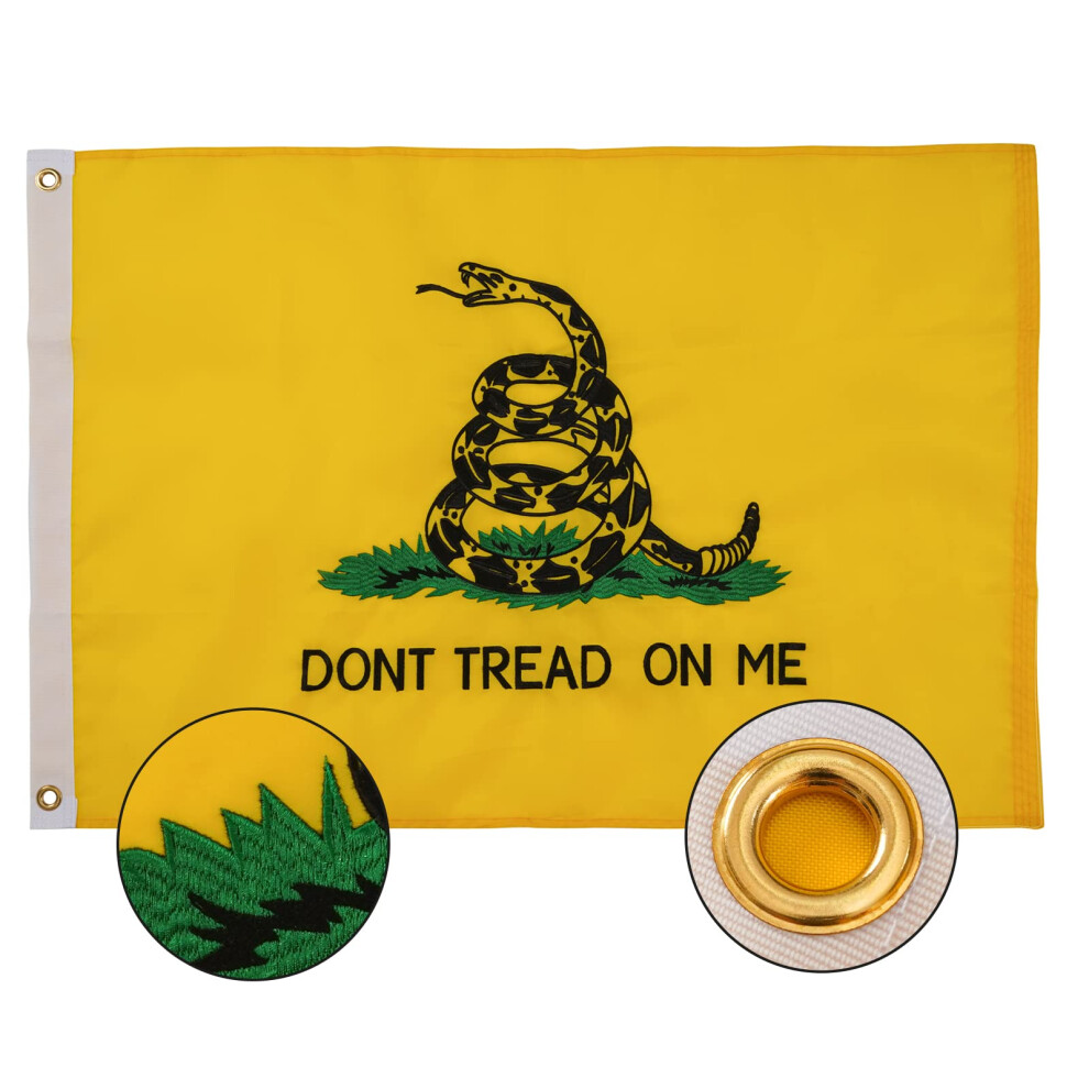Syii Don't Tread On Me Gadsden-Flagge, 60 X 90 Cm, Hergestellt In Den Usa, Bestickt, Gelb, Aufgerollte Klapperschlangenflaggen Mit 2 Messing?Sen, Stra-image