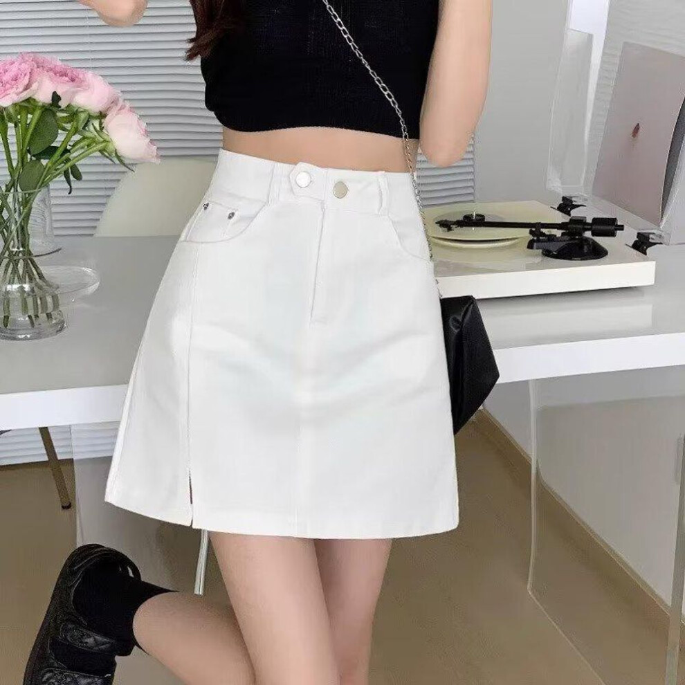 (white, L) "High Waist A-Line Denim Skirt for Slim and Pear-Shaped Women - Versatile, Large Size, Summer Style