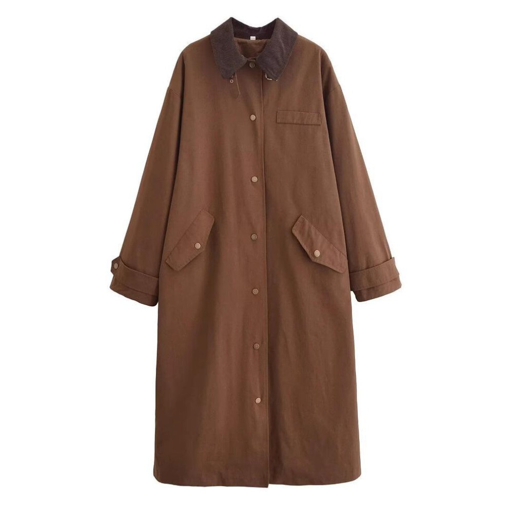 (dark brown, S) "Women's European & American Style Lapel Long Windbreaker Jacket with Waxed Effect