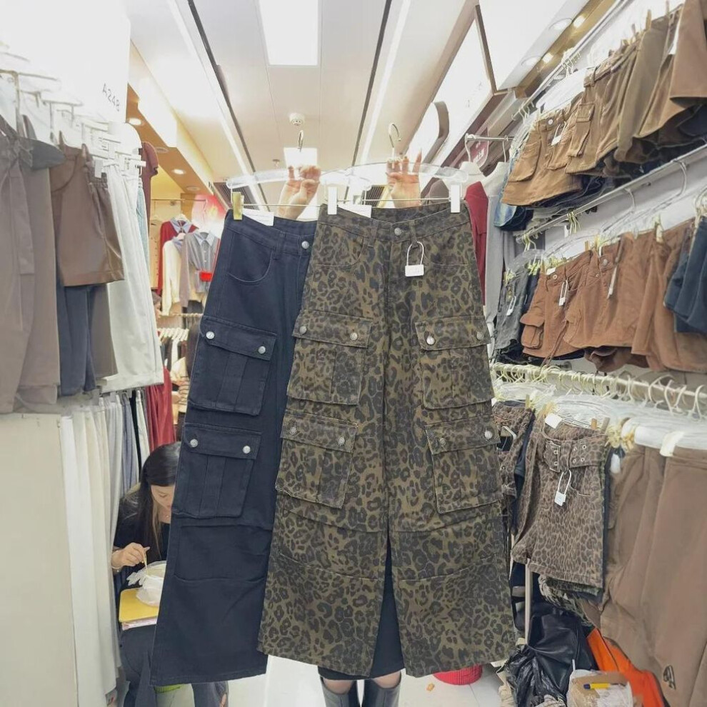 (leopard print, Large) Unisex High Street Leopard Print Denim Overalls: Pleated Multi-Pocket Loose Wide-Leg Trousers 3802