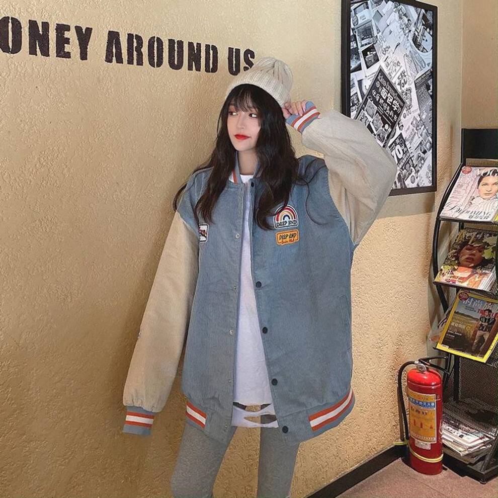 (blue, M) New Korean Style Embroidered Corduroy Baseball Jacket with Pockets for Women - Loose Fit, Perfect for Spring & Autumn