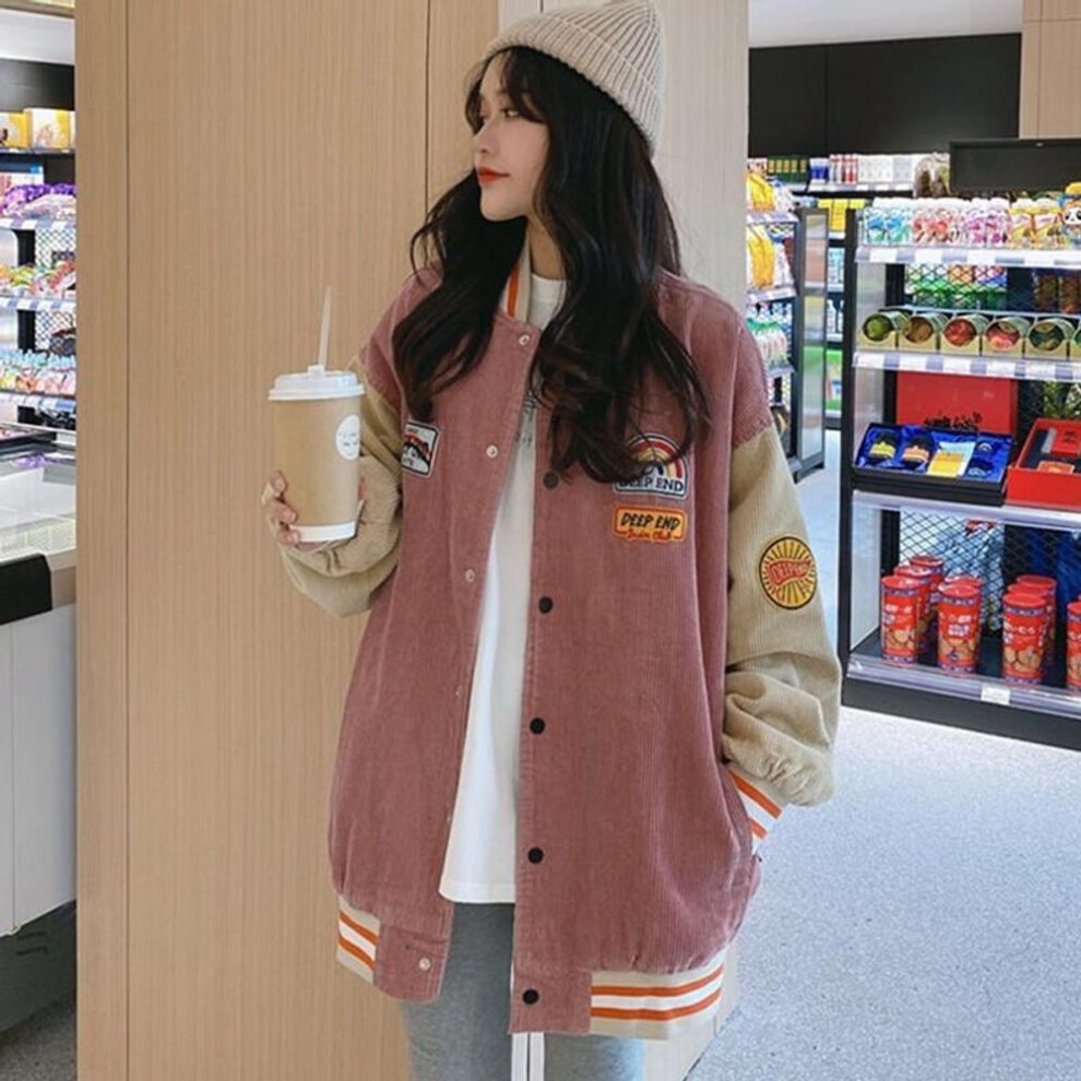 (pink, L) New Korean Style Embroidered Corduroy Baseball Jacket with Pockets for Women - Loose Fit, Perfect for Spring & Autumn