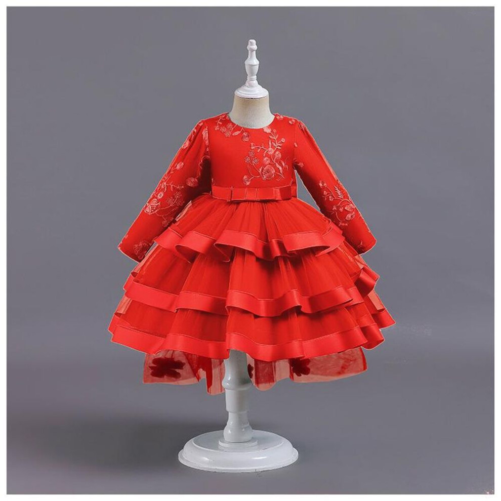 (red, 110 cm) Girls' Layered Tulle Princess Dress - Flower Girl & Performance Outfit