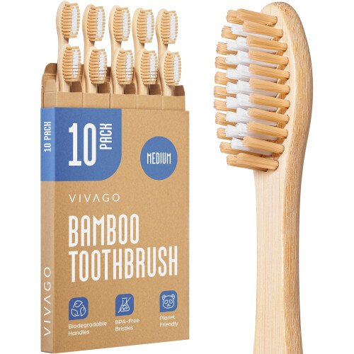 VIVAGO Bamboo Toothbrushes Medium Bristles 10 Pack - BPA Free Medium B