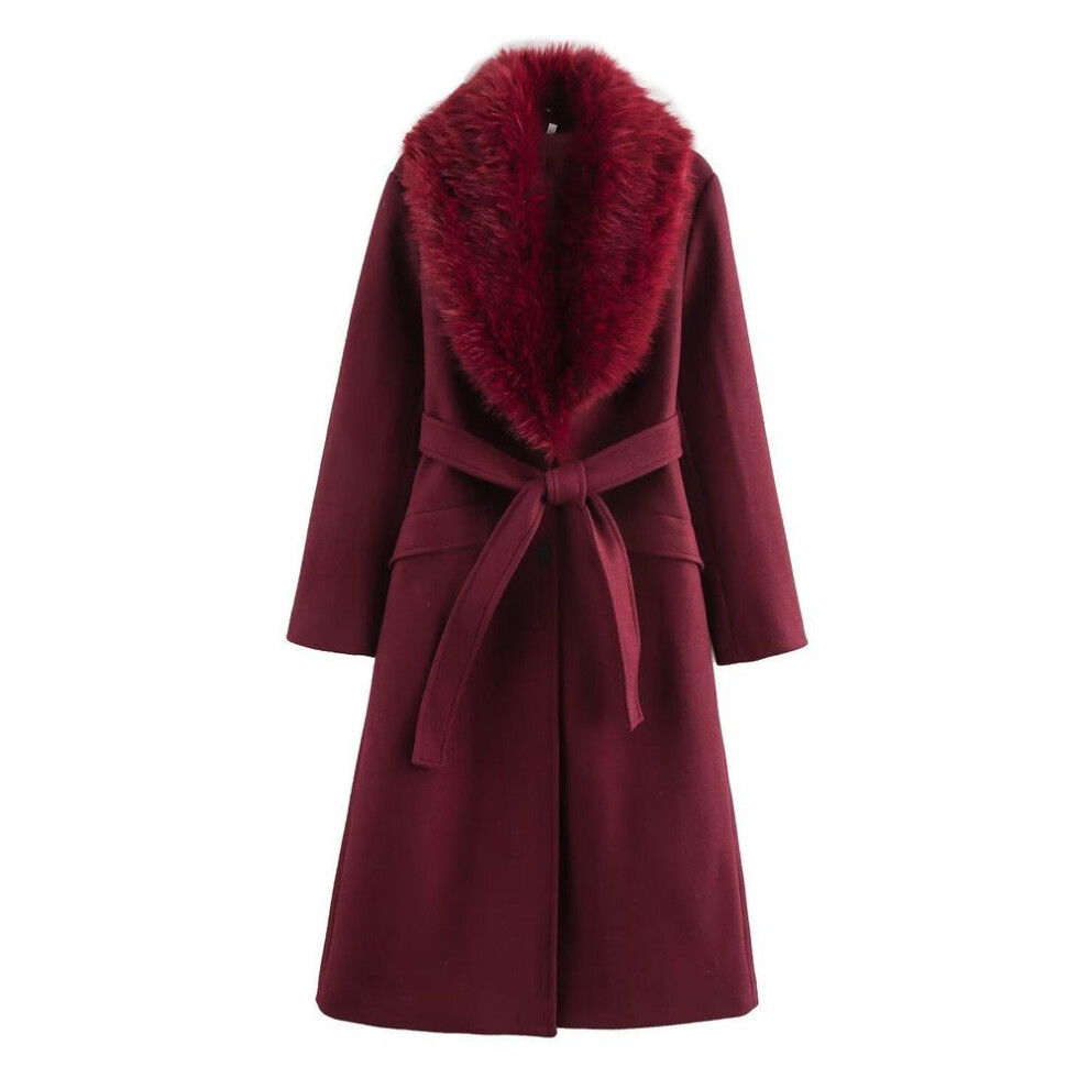 (red, Large) European & American Style Fur Collar Women's Black Woolen Coat with Belt