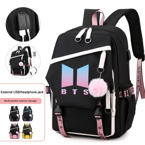 (BlackWhite)Bts große Kapazität USB-Lade-Rucksack Freizeitreise-Schulrucksack Unisex 1