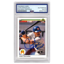 Schwartz Sports Memorabilia GONCAR129 Juan Gonzalez Signed Rangers 1990 Upper Deck Rookie Baseball Card No.72 with 2 x AL MVP - PSA Encapsulated