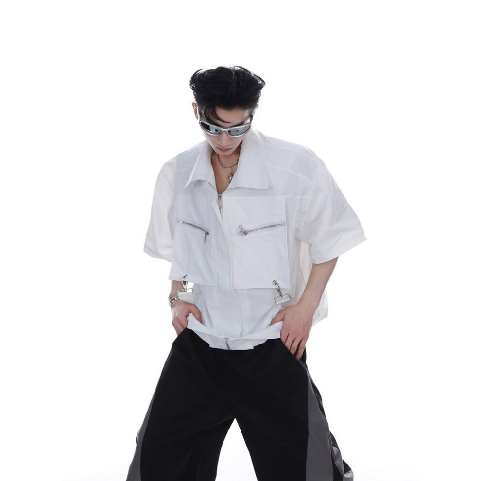 (white, XL) Men's Short-sleeve Shoulder Pad Cardigan T-shirt With Metal Zipper Design