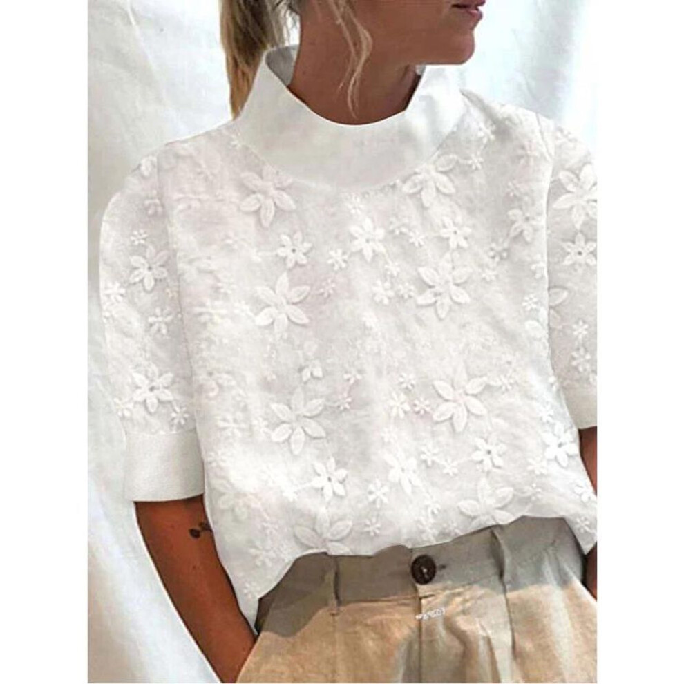 (white, 3XL) 2023 Embroidered Cotton Linen Lapel Shirt - Women's Short-Sleeve, European & American Style