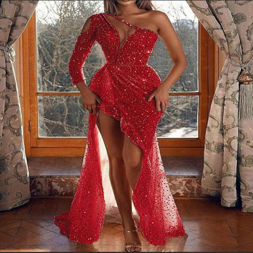 (red, XL) "2025 Women's Glamorous Sequin High-slit Long-sleeve Evening Dress