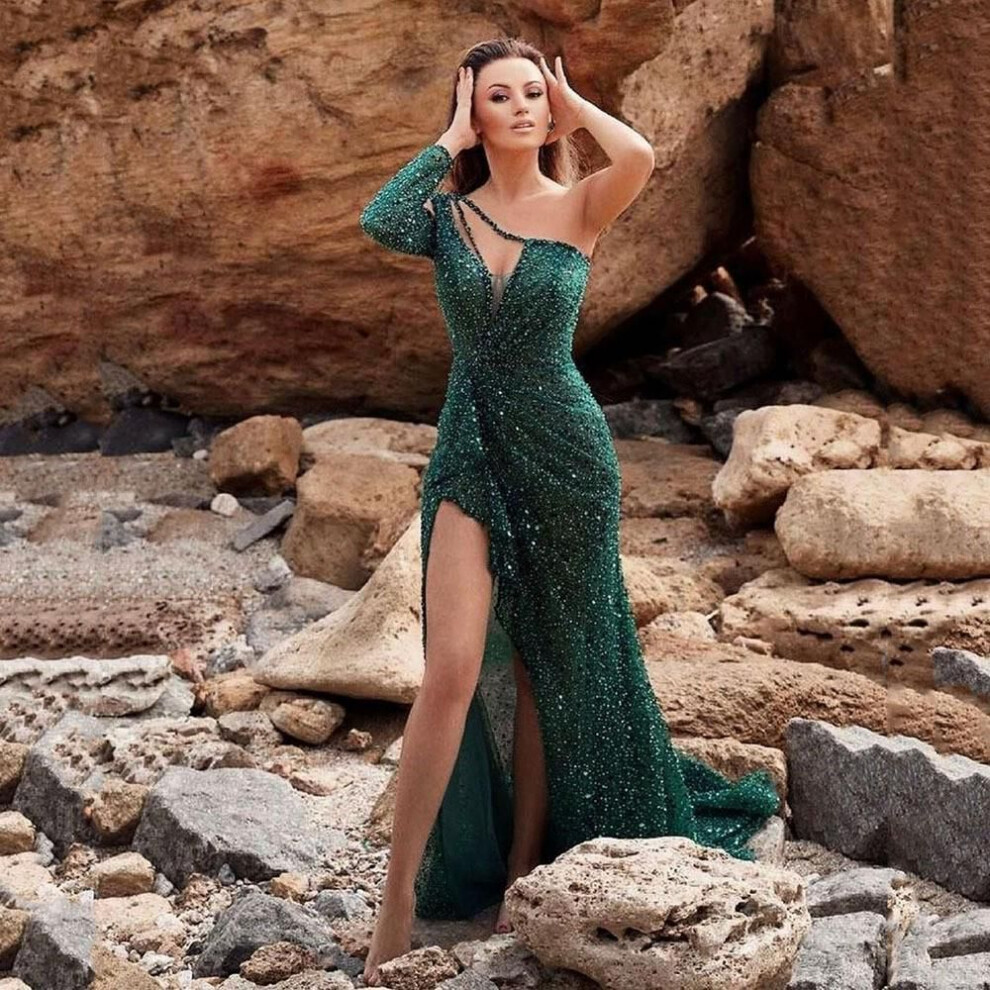 (green, S) "2025 Women's Glamorous Sequin High-Slit Long-Sleeve Evening Dress