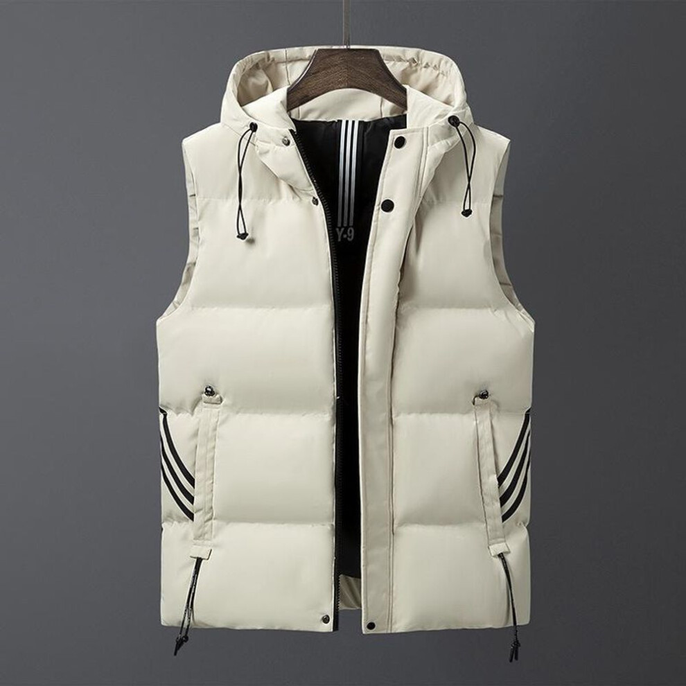 (beige, 5XL) Men's Slim Fit Hooded Winter Vest - Large Size, Youth Style, Versatile Waistcoat with Three-Stripe Design.