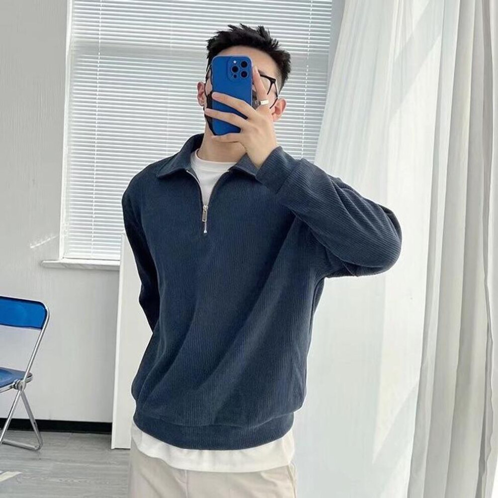 (blue, M) Men's Retro Loose Fit Solid Half-zip Sweatshirt - Autumn Casual Pullover Design