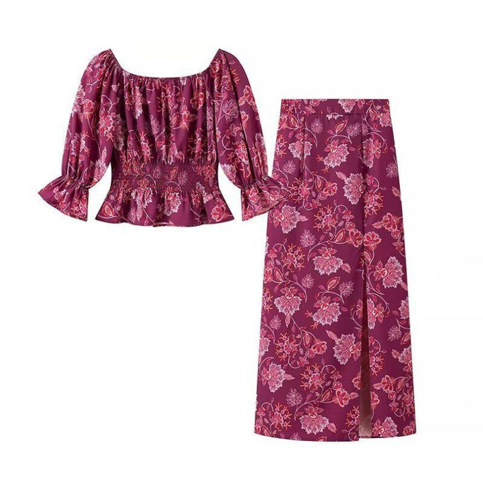(Large) "2024 Rose Red One-shoulder Long-sleeve Shirt & High-waisted Skirt Set For Women