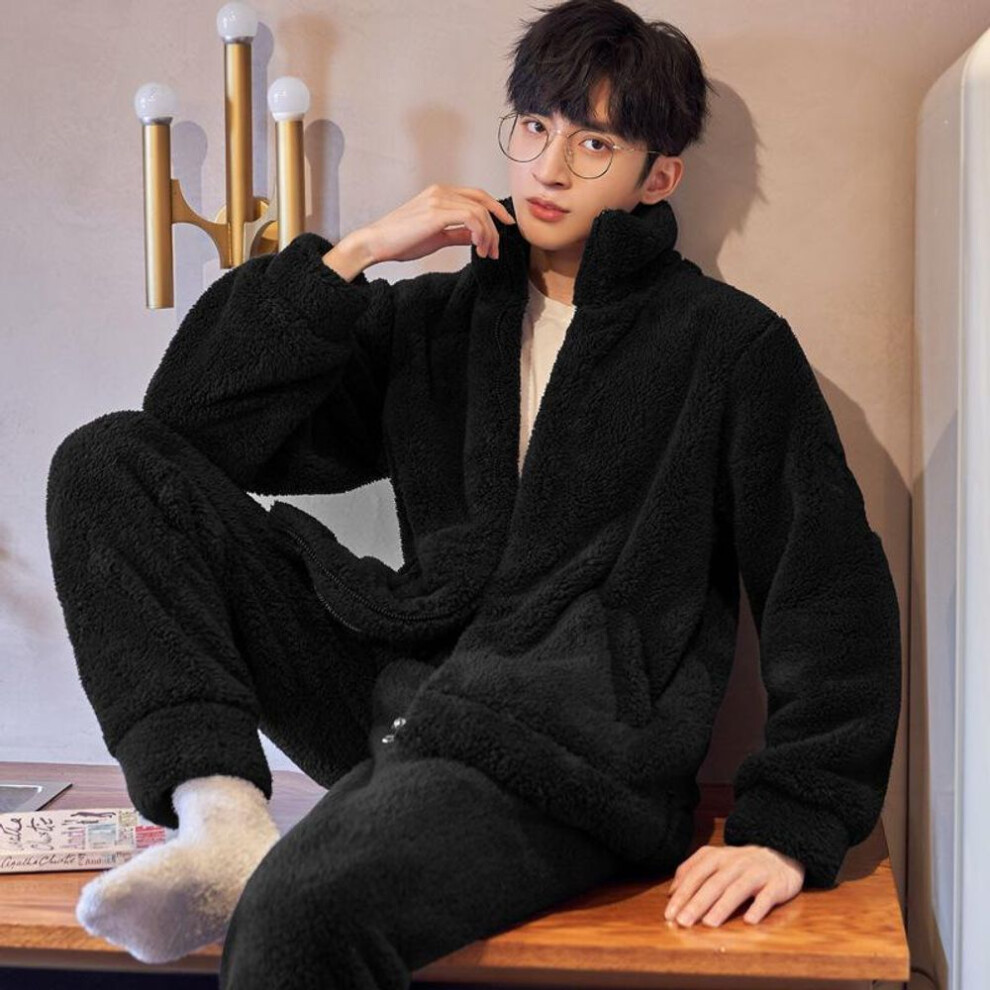 (black, L) Men's Plush Winter Pajamas Set - Coral Fleece Cardigan with Zipper for Indoor and Outdoor Wear