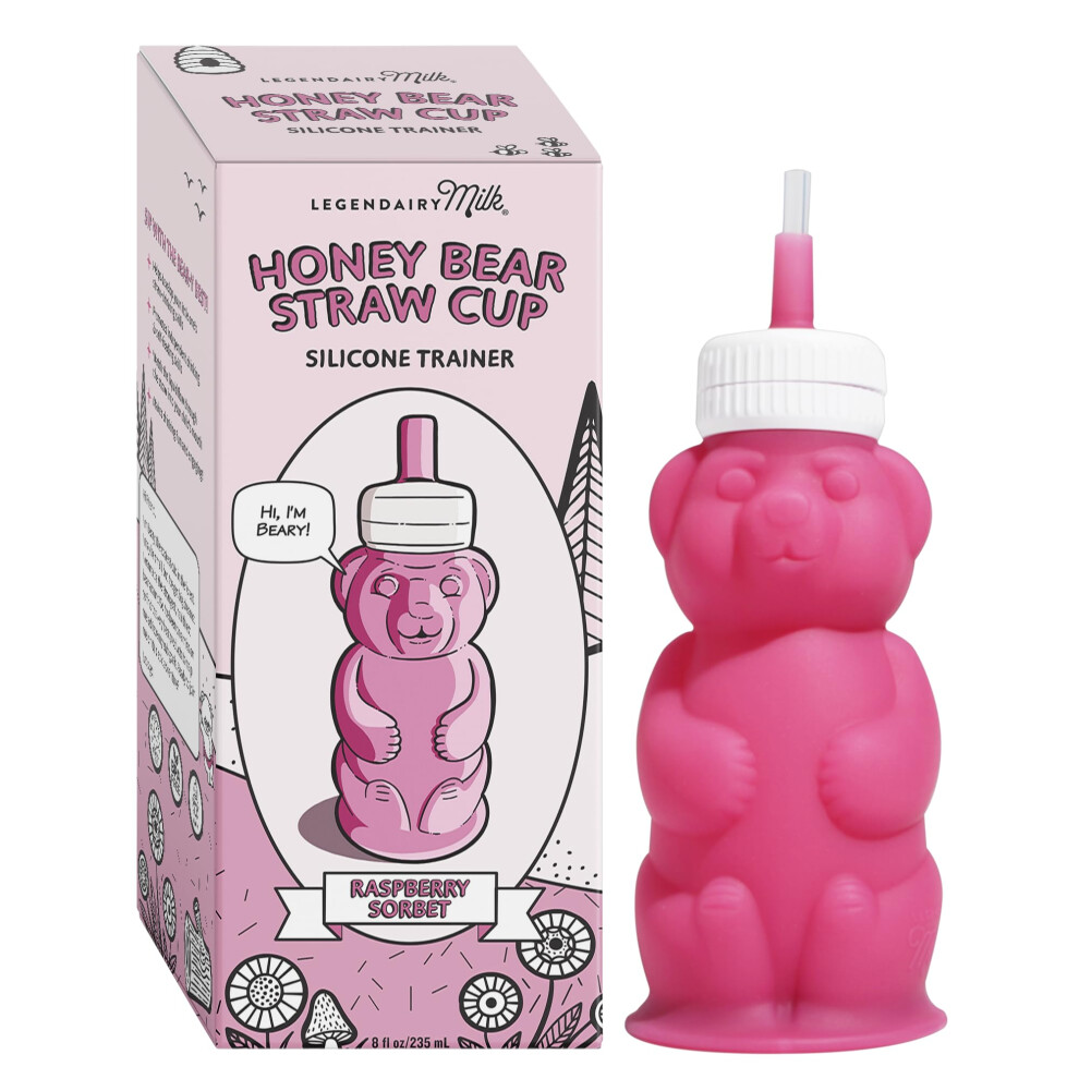 Legendairy Milk Honey Bear Straw Cup Silicone for Babies Pink  8 oz. Dishwasher Safe Baby Straw Cup  Food Grade Silicone  Honeybear Sippy Cup for Ages