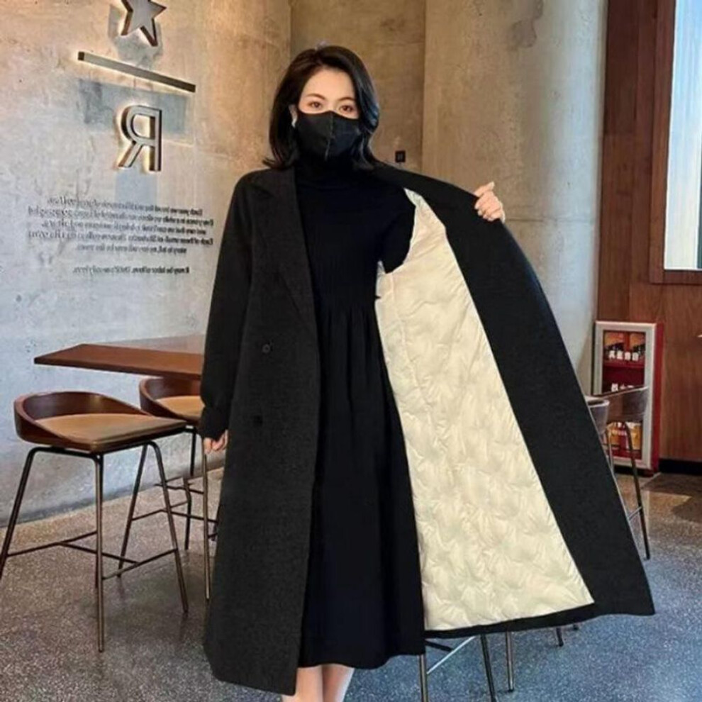 (black, L) Large Quilted Lining Wool Coat with Loose Fit and Thickened Cotton Suit Collar