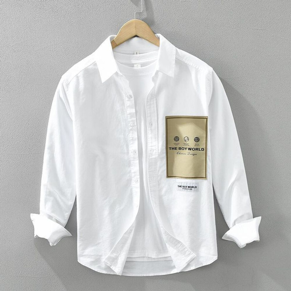 (white, M) Men's Japanese Style Long-Sleeve Shirt: Youth Fashion, Casual and Loose Fit