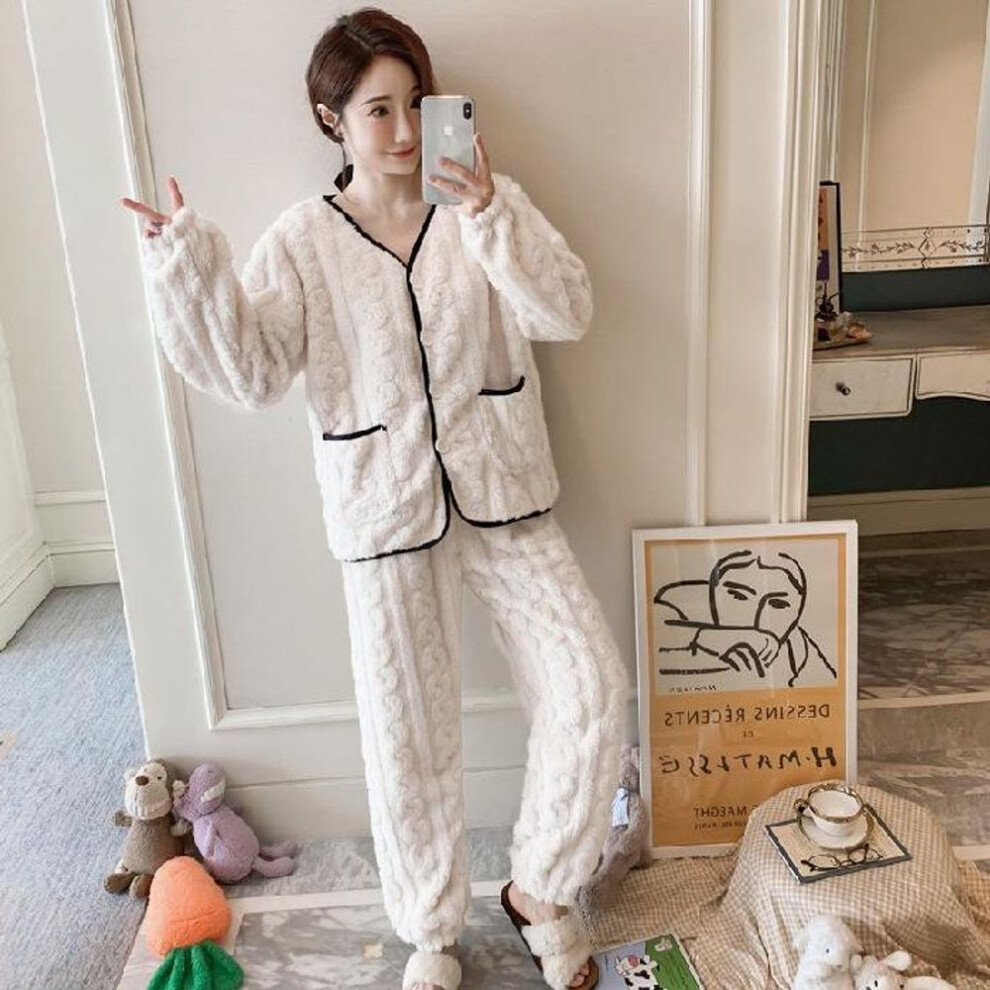 (cream,white, XXL) Women's Plus Velvet Flannel Pajama Set - Sweet, Warm, Solid Color Homewear For Autumn And Winter