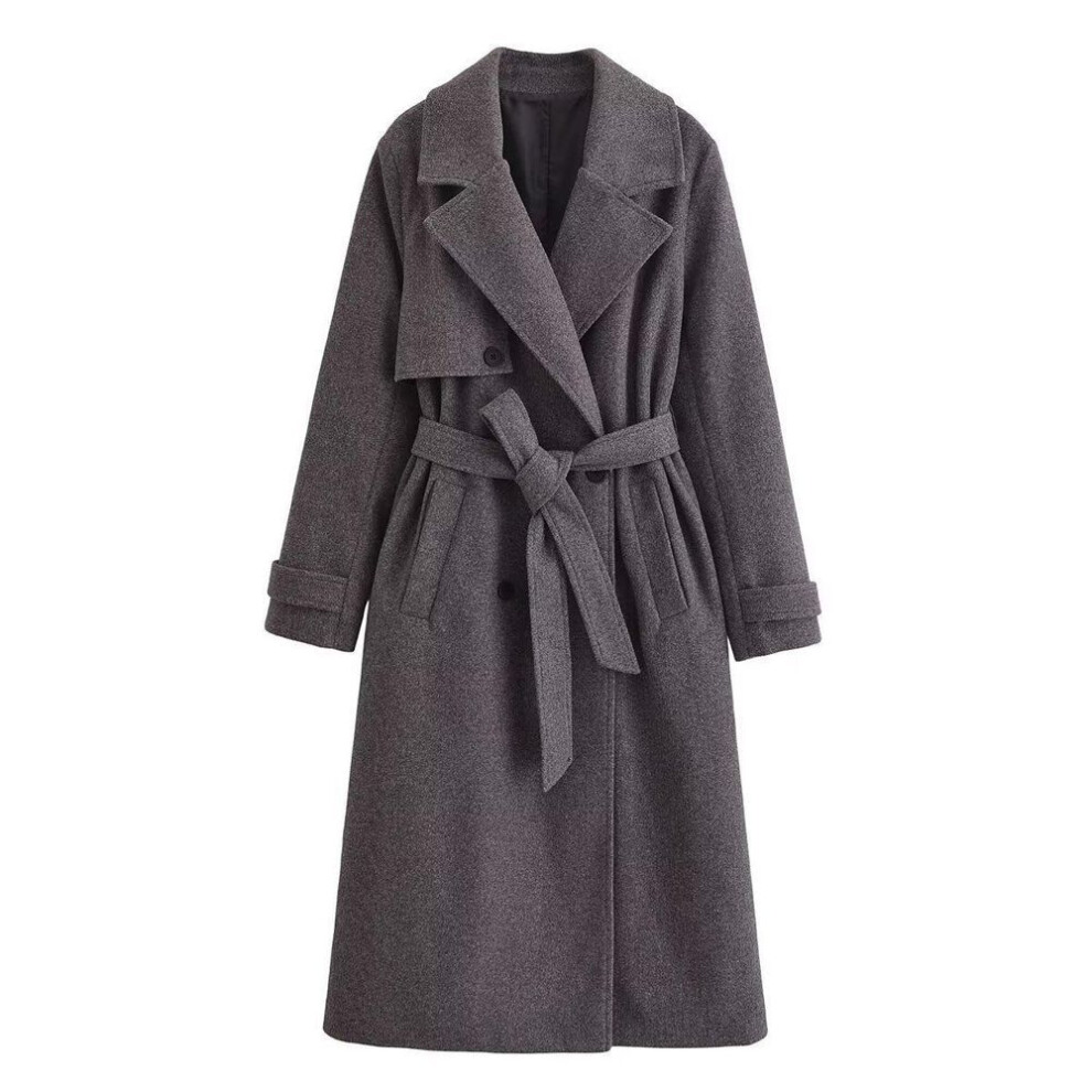 (dark gray, Medium) Women's Korean Double-Breasted Wool Coat with Belt - Autumn/Winter Lapel Design (Style #: 4070223)