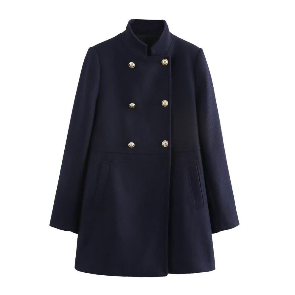 (navy blue, Medium) "Women's European/American Style Stand-Up Collar Double-Breasted Coat