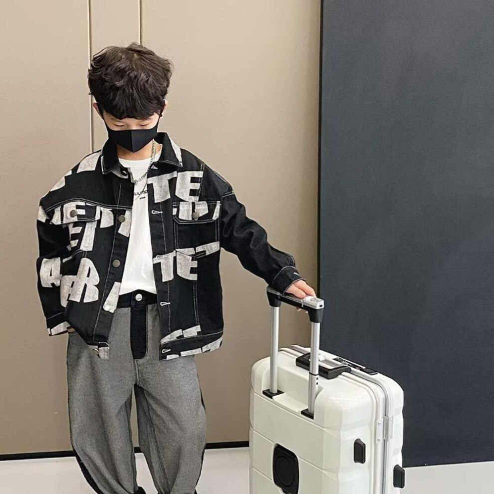 (black, 110) "Boys' Korean Style Loose Denim Jacket - Fashionable Autumn 2022 Mid & Large Children's Outerwear