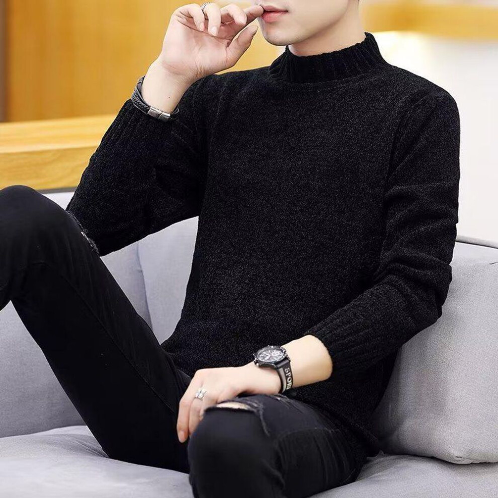 (black, XL) Men's Autumn/Winter Knitted Half Turtleneck Sweater - Warm Inner Wear, Mid-Collar, Versatile Student Base Shirt.