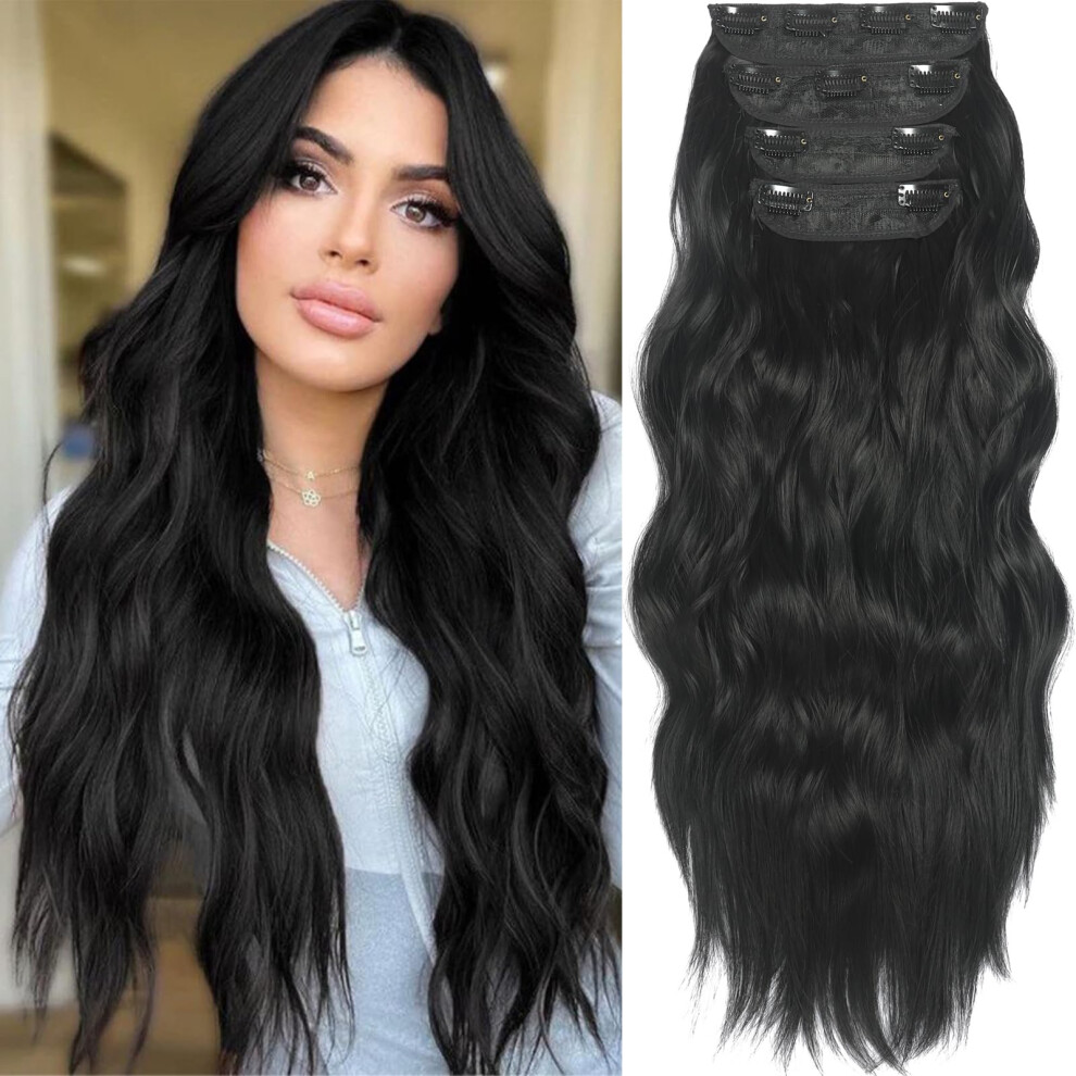 Schwarze Clip-In-Haarverlangerungen, 4 Stuck, Naturlich, Weich, Lang, Gewellt, Zum Anklipsen, Synthetische Haarverlangerungen, 50,8 Cm, Dicke Haa-image