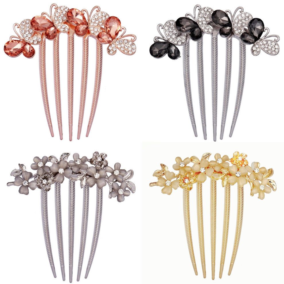 4 PCS Flower Rhinestones Hair Combs Accessories Wedding Crystal Opal Hair Side Combs Long Teeth Slide Hairpins Barrettes Clips Butterfly Hair Accessor