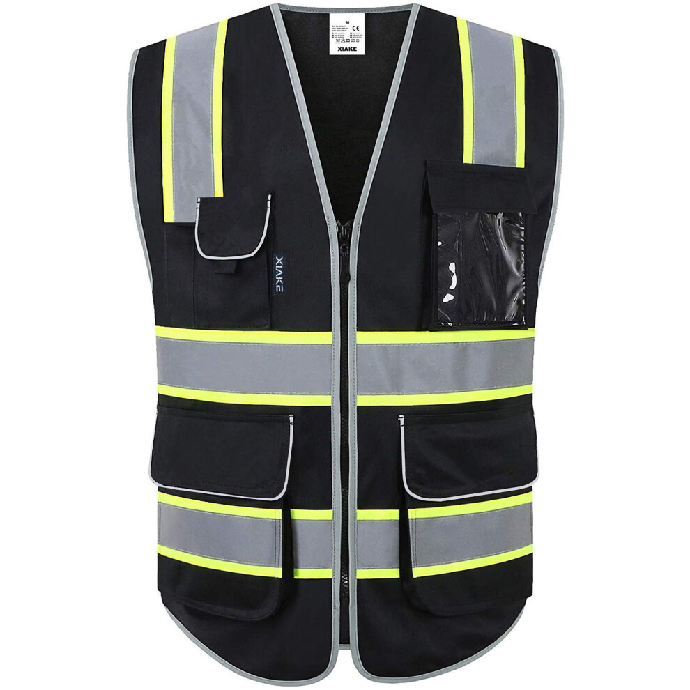 Gilet de sécurité réfléchissant noir XIAKE pour hommes et femmes, gilet haute visibilité de classe 2 avec bandes bicolores de 5 cm - Garniture ja